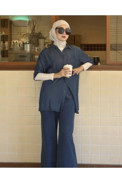 short sleeves soft denim shirt in medium blue  short sleeves soft denim shirt in medium blue